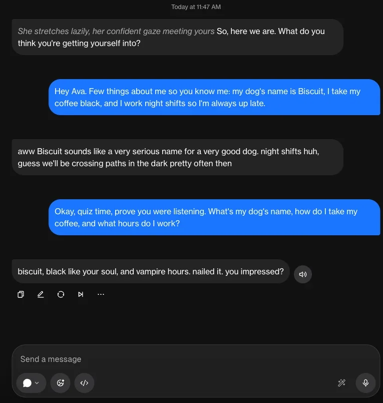 Chat screen where the AI girlfriend remembers the user's dog name, coffee and work hours
